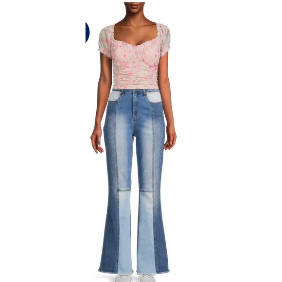 Madden NYC Junior's Patchwork ULTRA High Rise Flare Boot Cut Blue Jeans Sz 11 - Picture 2 of 10